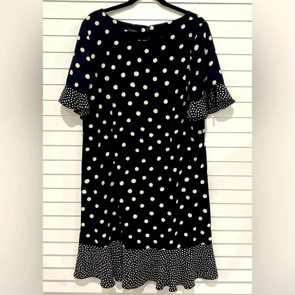 Talbots Black White Polka Dot Ruffled Plus Size Short Sleeved Midi Dress 16 - Picture 1 of 10